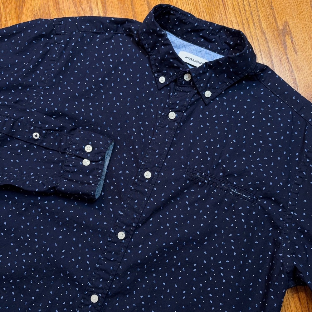 Jack & Jones Shirt Mens L Navy Blue Paisley Cotton Long Sleeve Button Down